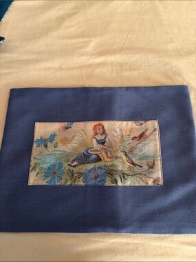 Blue pillow with vintage print with Girl and Birds